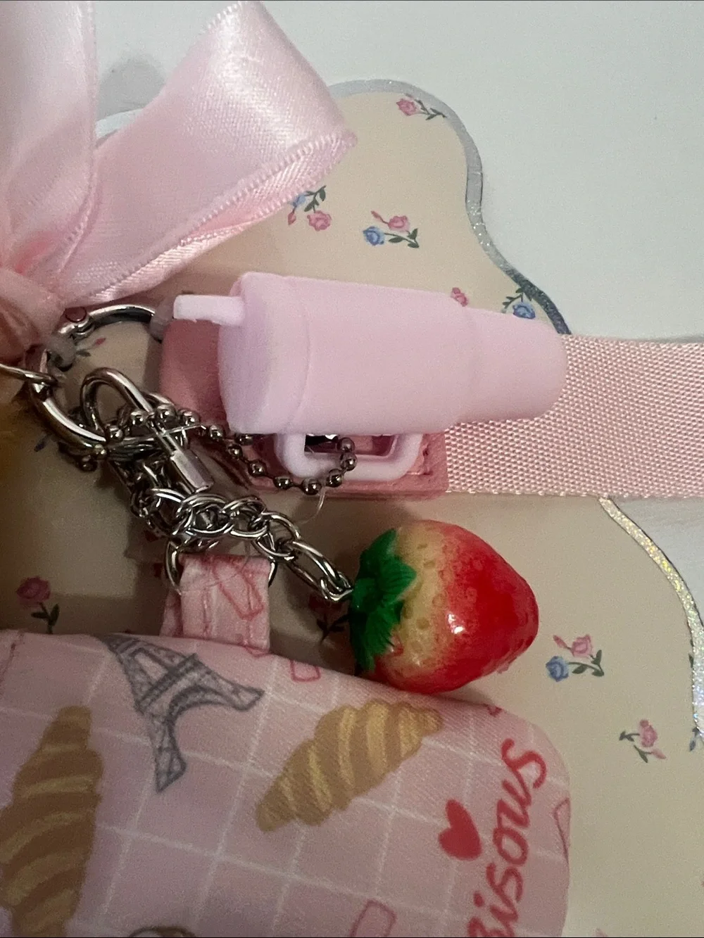 Dream Pink Coin Purse w Wrist Strap and Croissant, Strawberry, Tumbler Charms